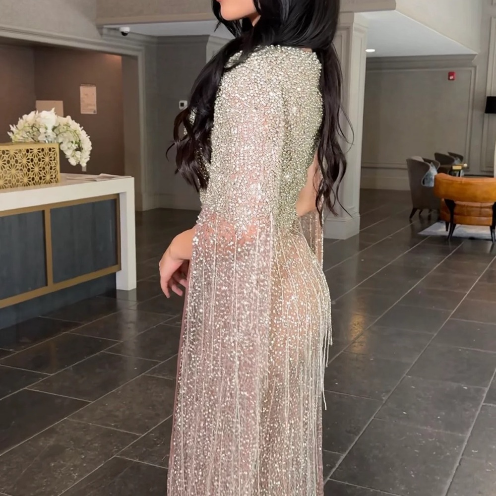 Elegant Silver Sequin Long Sleeve Gown - Picture 2 of 2